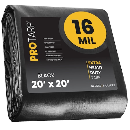 Protarp Heavy Duty Tarp, 20 ft x 20 ft, 16 Mil, Black, Polyethylene PT-106-20X20